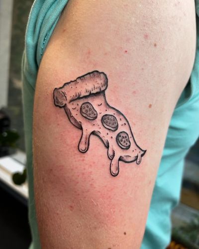 Delightful illustrative tattoo of a cheesy slice by artist Jonathan Glick. Perfect for pizza lovers!