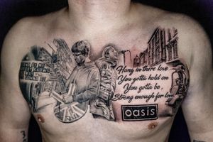 A realistic black and gray tattoo of the iconic band Oasis, capturing their musical essence with intricate detail. By Warren Mullins.