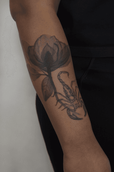 Magnolia flower and scorpion in X-ray tattoo style. This project was created as a custom design. More available designs can be found on my Instagram account