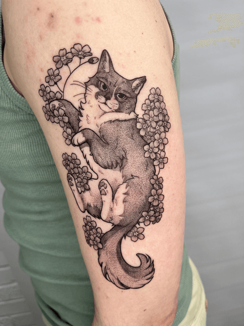 Cat and Floral Tattoo