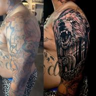Cover-up: realistic roaring bear in black & grey