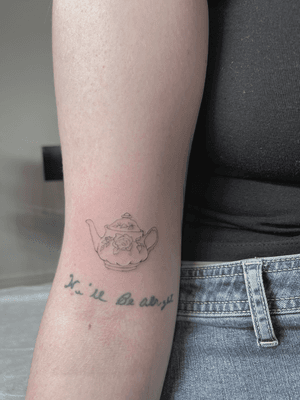 Fine line illustrative tattoo featuring a minimal flower pattern teapot by Alina Amberland.