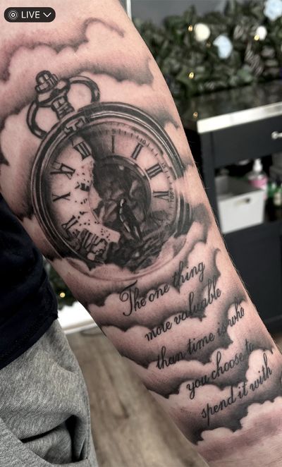 Black and gray realism tattoo featuring clouds, a person, clock, and watch, symbolizing memories. By Cara Hayward.