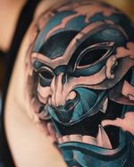 Blue Spirit vibes Fresh one inspired by the Blue Spirit from Avatar. Loved playing with the flow and contrast on this piece — can’t wait to see it healed up. #bluespirit #avatarthelastairbender #masktattoo #neojapanese #freshink #boldlines #tattooartist #colortattoo #inkedup