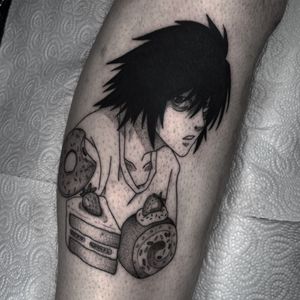 Get inked with a stylized anime tattoo featuring iconic characters from Death Note, designed by Barbara Nobody.