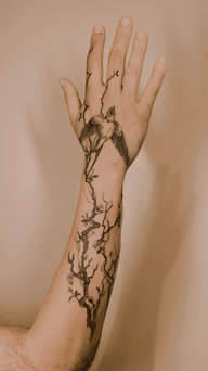Fine line cherry blossom branches and swallow on the hand