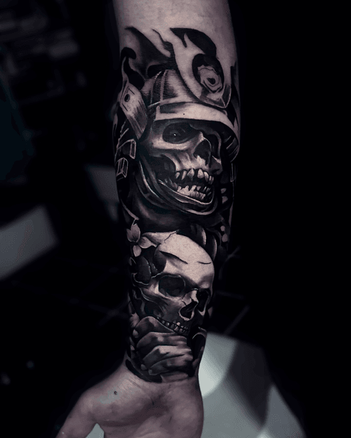 Samurai Skull and Hand Holding Skull