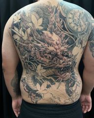 Dragon and maple leaves back work in progress.
