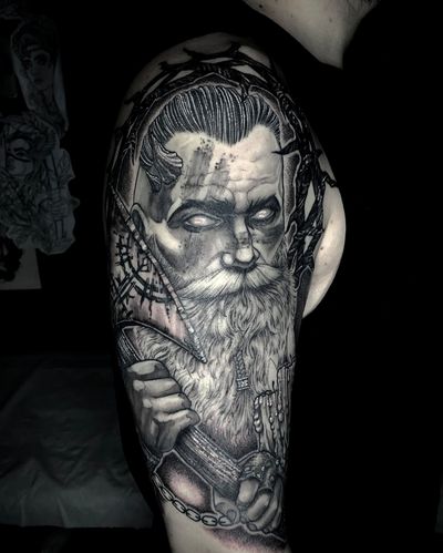 Custom Neotraditional black and grey, Viking/Berserker influenced shoulder piece. Part fresh, part healed.