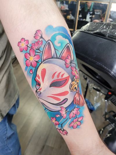 Vibrant watercolor fox design with sakura and kitsune mask by Bex Lowe, blending traditional and modern styles.