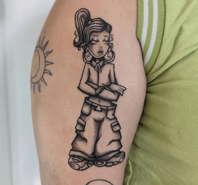 Get inked with a nostalgic 90's kid lady illustration by GROWN TATTOOS, capturing the essence of girl power and vintage vibes.
