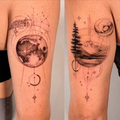 Alex Caldeira's black and gray fine line geometric tattoo featuring a stunning moonrise over abstract mountains.