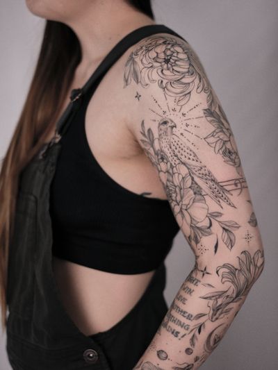Floral sleeve with hawk