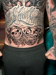 Fudogs for protection for ash with daruma dolls full front torso done in three days back to back
