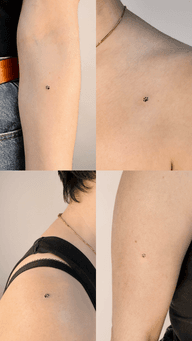 Minimalist fine-line tattoo of a tiny paw print made in dark brown ink, placed in different areas of the body (arm, collarbone, shoulder, and upper arm). The design is delicate, subtle, and discreet, with clean dotwork and a soft, minimal aesthetic.