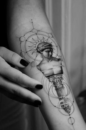 Immerse yourself in Greek mythology with this black and gray fine line tattoo featuring the phases of the moon and a stunning statue motif by Light Grays.