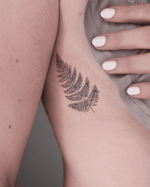 Single line fine line tattoo of a delicate fern design done by artist Ayala, with intricate details in a floral style.