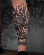 Liverpool FC leg sleeve including progress featuring Mo Salah , Steven Gerrard , Trent Alexander Arnold and Jamie Carragher to come . Stay tuned ! . . . #realism #realistic #microrealism #portraittattoo #legsleeve #footballtattoo #blackandgrey