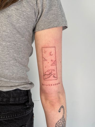 Dotwork and fine line tattoo by Chloe Hartland featuring a detailed illustrative panel of a serene moonlit ocean scene with small lettering embedded.