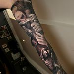 dark deep horror and creepy black and grey realist and surrealist full sleeve tattoo in progress made in London uk by Alo Loco