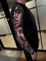 black and grey surrealistic sleeve ladies portrait abstract tattoo artist london uk