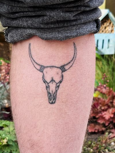 Hand-poked dotwork tattoo of a cow skull, created by artist Laura in an ignorant style.