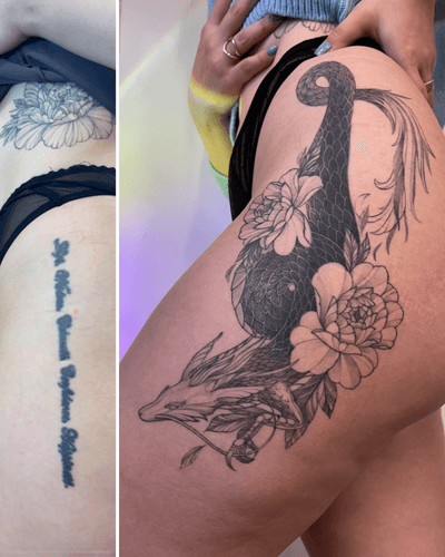 Cover-up of a low-quality tattoo with a composition featuring a dragon and flowers. Such cover-ups typically require multiple sessions to ensure the white pigment sets properly