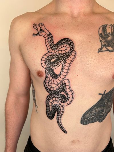 A stunning blackwork tattoo of a sleek snake twisting and turning, expertly done by tattoo artist Jack Howard.