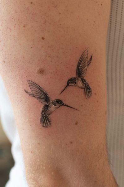 A stunning micro-realism tattoo of a hummingbird in black and gray by Ion Caraman, capturing the delicate beauty of this majestic bird.