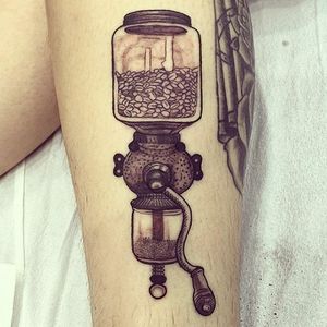 Sick antique coffee grinder by Regina "Push" Estrada #coffee #coffeeegrinder #antique #blackandgrey #coffeebeans #castrotattoo #sanfrancisco #sftattoo 