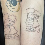 Precise, simple fine line tattoos of Bart and Lisa Simpson.