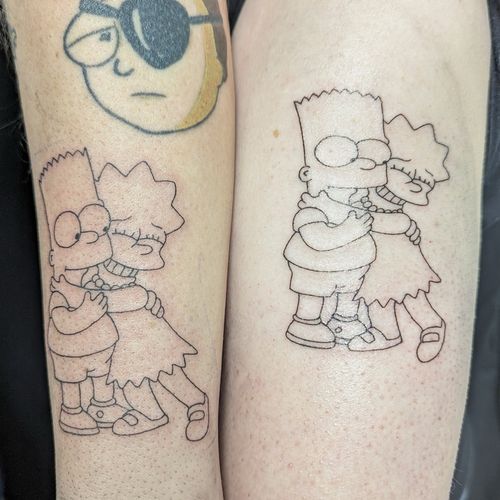 Outline Bart and Lisa Hug Tattoo