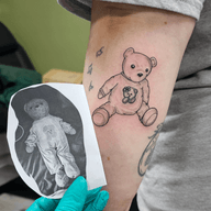 The inspo & the result ? absolutely loved creating this tattoo inspired by my lovely clients childhood teddy ? . . . . . . . . . . #teddybear #childhoodtoys #tattooed #tattoo #tattooist #tattoos #tattooideas #tattooflash