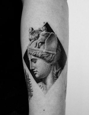 Capture the essence of Greek mythology with this intricately detailed black and gray tattoo by Jay Soze.