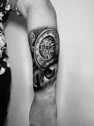 Realistic black and gray tattoo of eye and clock , by Gabriele Lacerenza