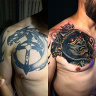 Cover-up: color samurai mask on chest