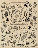 50 designs to choose from. Individually priced but the more you get the better the deal. All in a woodcut and engraving informed linework style. 