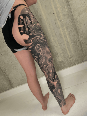 classical sculptures full sleeve leg black and grey surrealistic greek and romans tattoo in progress,  best tattoo artist london uk