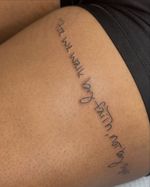 “For we walk by faith, not by sight” in the most BEAUTIFUL handwriting I’ve ever seen. When she brought me this from her mama’s hands, I was blown away. It translated so perfectly into this meaningful piece for my client ✨ • Ive got time to tattoo and time to book! ✨ DM me ✨ • #tattoo #scripttattoo #script #handwriting #handlettered #linework #lineart #lineworktattoo #thightattoosforwomen #walkbyfaithnotbysight