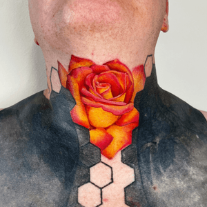 Realistic red and yellow rose on the throat 