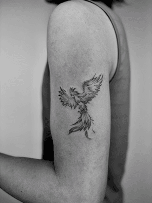 Delicate black and gray illustrative bird tattoo by Ruth Hall.