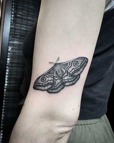 Discover the intricate beauty of this black and gray moth tattoo, expertly executed by Amandine Canata. A stunning addition to your collection.