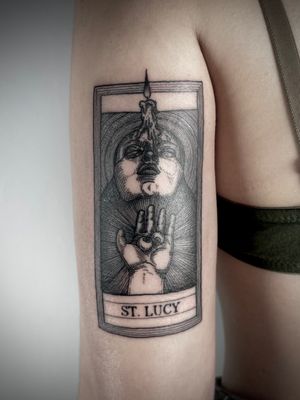Unique blackwork and fine line tattoo inspired by woodcut tarot cards, expertly done by Robin Rossi.