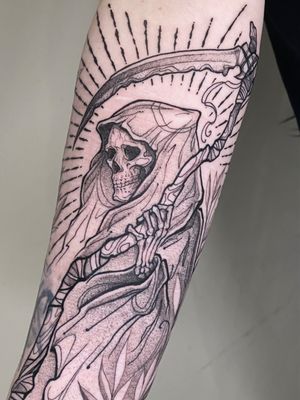 Grim reaper illustrative black work ink design with leaves and stipple shading
