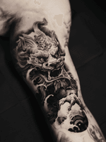 Inner side of the bicep Tattoo of a Japanese Foo dog 7 hours of work