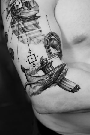 Experience surrealism with this black and gray fine line tattoo of a whale and hot air balloon by Light Grays.