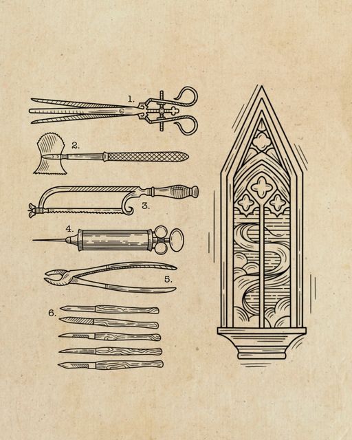 Vintage medical tools and Cathedral window looking out to a smoky sky. The tools are designed to be a larger scale project- taking up a thigh or even a back piece. All in a woodcut and engraving informed linework style.