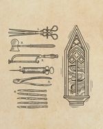 Vintage medical tools and Cathedral window looking out to a smoky sky. The tools are designed to be a larger scale project- taking up a thigh or even a back piece. All in a woodcut and engraving informed linework style. 