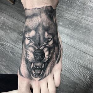 Tough top of the foot wolf by resident artist Guy Ursitti (IG: tattoosbyguyursitti) #8ofswordstattoo #blackandgrey #blackngrey #wolf #foot 