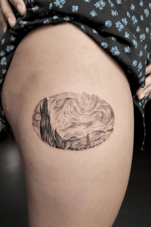 Black and gray illustrative tattoo inspired by van Gogh's painting of the night sky. Created by Ayala.